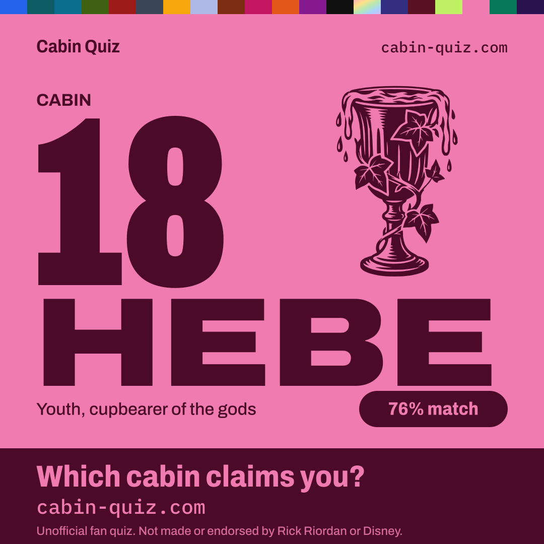 Hebe cabin (Cabin 18) example result card from the Percy Jackson cabin quiz: youth, cupbearer of the gods