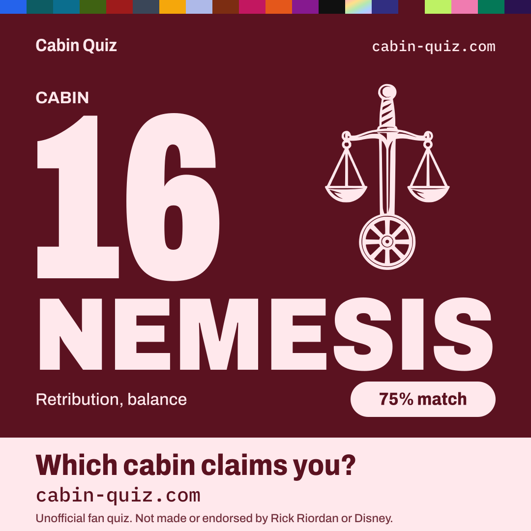Nemesis cabin (Cabin 16) example result card from the Percy Jackson cabin quiz: retribution, balance